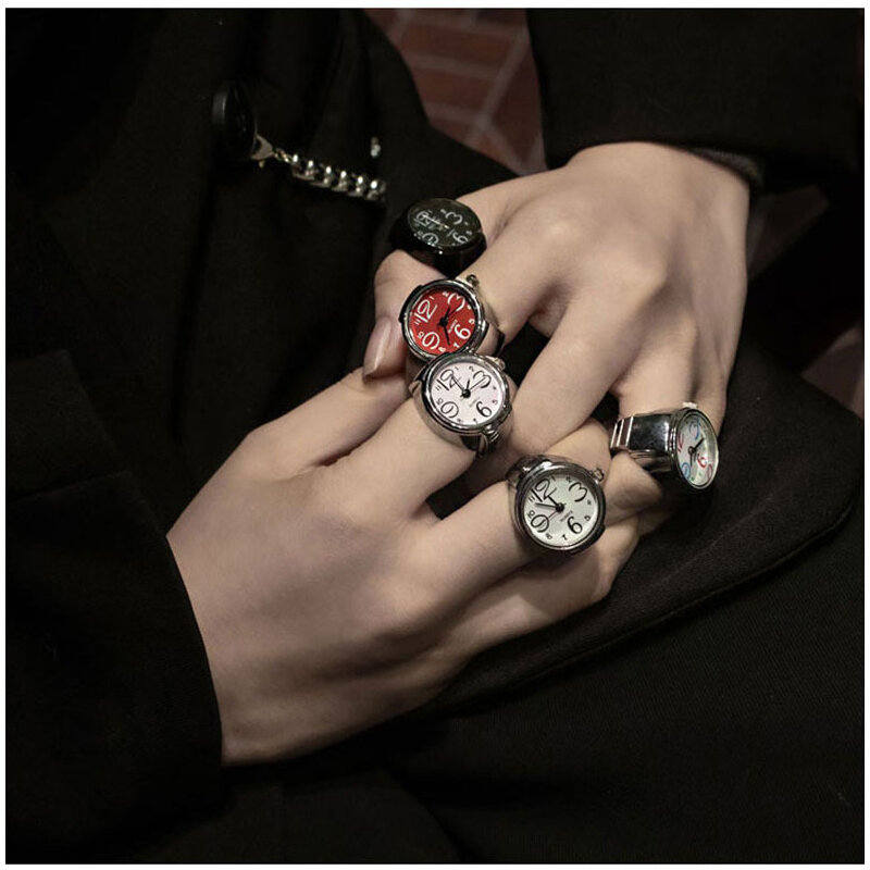 Vintage Punk Finger Watch, Mini Elastic Strap, Relógios de liga, Anéis de casal, Relógio de jóias, Quartzo Romano Retro, Anel Novo