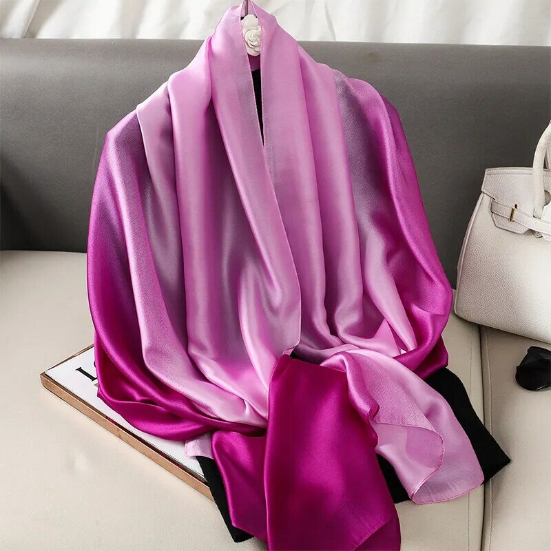 Luxury Gradient Silk Scarf Women Brand Solid Femme Shawls Wraps Bandana Head Foulard Fashion Lady Hijab Wedding Poncho 2023