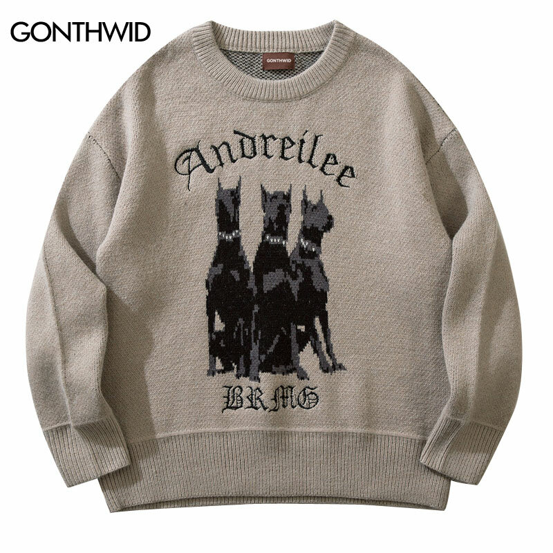 Männer Vintage Pullover y2k Streetwear Hip Hop Vintage gestrickte Dobermann Hunde pullover Herbst Harajuku Mode Retro Casual Pullover