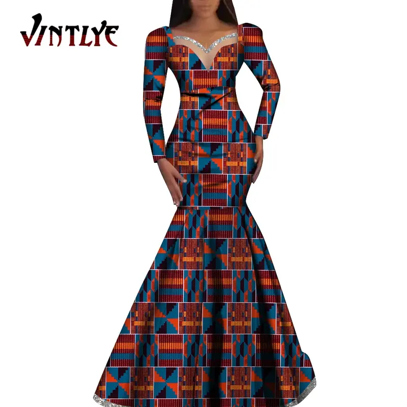 Fashion Robe Dresses Ankara Print African Dresses for Women Long Sleeve Elegant Dashiki Wedding Pleated Skirt Dresses WY1058