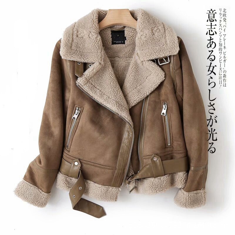 Jaket kulit Suede padat musim gugur dan musim dingin, pakaian sepeda motor mantel hangat rambut domba terintegrasi wol untuk wanita