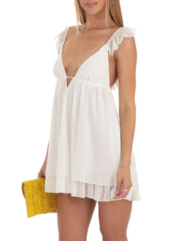 여성용 보호 프릴 쉬폰 캐미 원피스 도트, V-넥 백 타이업 A-라인 슬립, 영국 여름 드레스