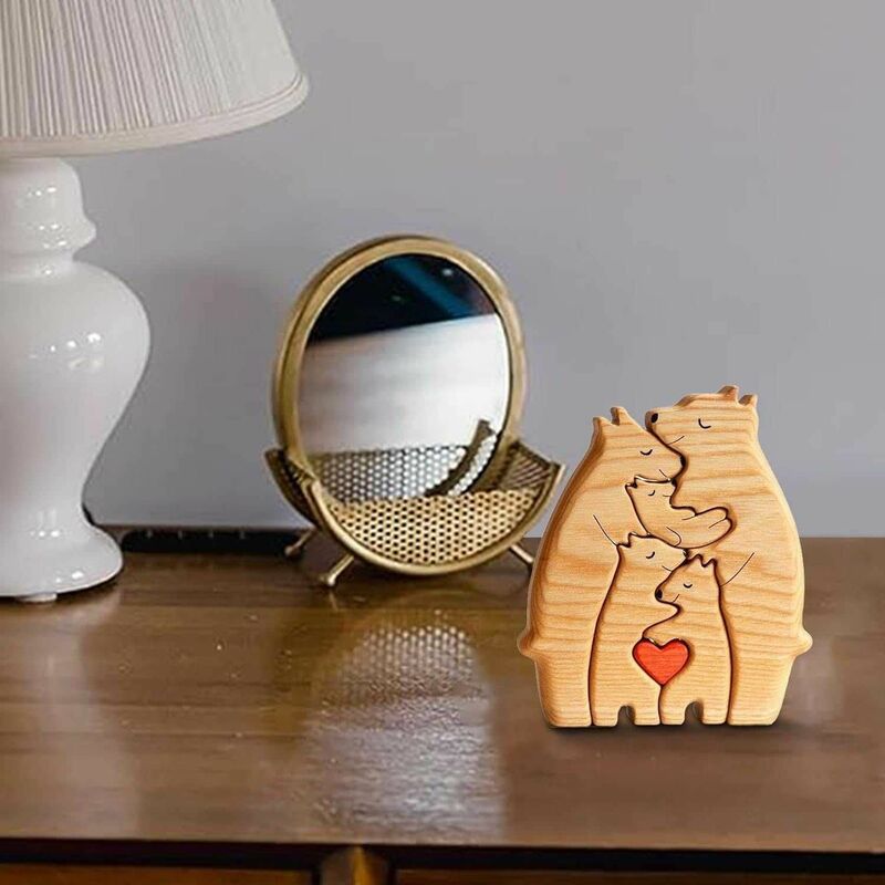 Puzzle seni kayu, dekorasi rumah hadiah ulang tahun hangat dengan hiasan hati beruang keluarga