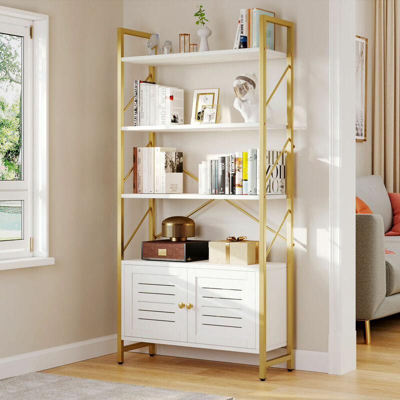 5 Tier Bookshelf Freestanding Bookcase with Doors Storage Cabinet Display Rack