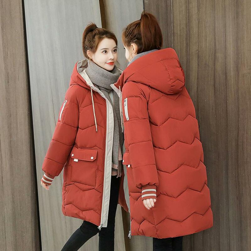 Mantel bertudung lengan panjang wanita, jaket Luaran berritsleting tebal longgar tahan angin bersaku setengah panjang musim dingin