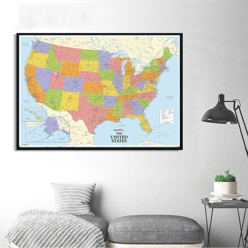 Mapa de los Estados Unidos con detalles, lienzo no tejido, pintura, arte de pared, póster, suministros escolares, decoración del hogar, 150x100cm