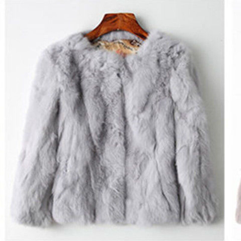 Woman Genuine Real Natural Rabbit Fur Coat Femlae Fashion  Jacket with  Sleeve Ladies O-neck Loose Outerwear  G767
