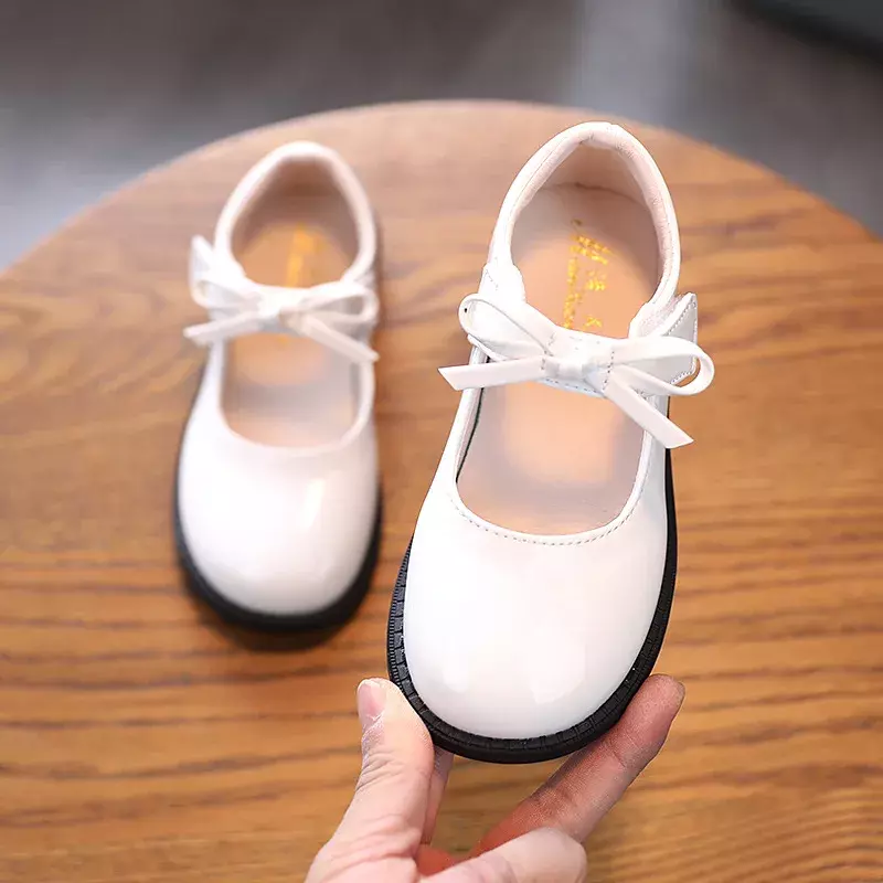 Girls Leather Shoes 2024 Spring New Fashion Children Shoes Solid Bow Princess Non-slip Soft Flat Kids Shoes E586