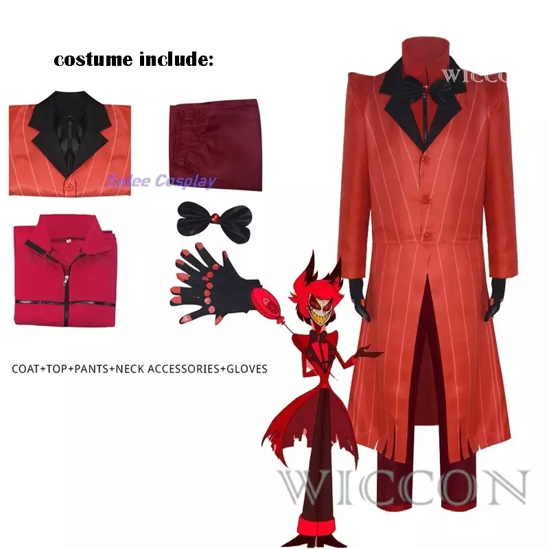 Alastor Anime Hazbin Cosplay Hotel Costume Clothes Glasses Uniform Cosplay Devil Horns Accessories Halloween Party Mens Red Suit