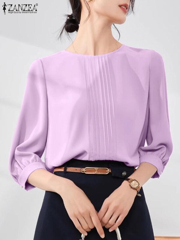 Летняя простая Базовая Блузка ZANZEA 2024, Корейская Офисная Женская блузка, модные женские плиссированные рубашки, повседневные однотонные топы с круглым вырезом, туника