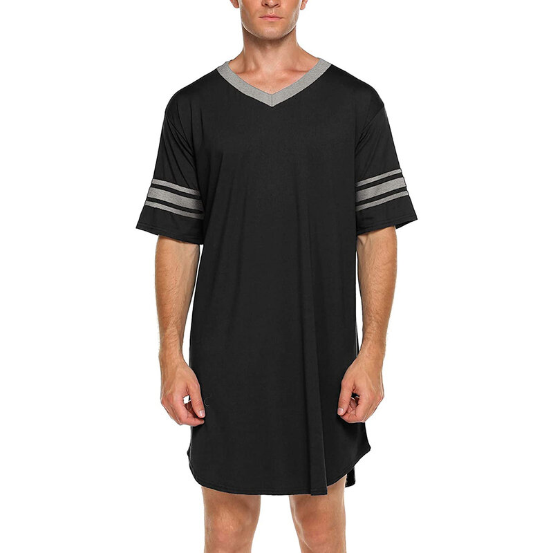 Пижама Мужская с коротким рукавом, длинная рубашка с V-образным вырезом, в полоску, с асимметричным подолом, мягкая Свободная Повседневная Домашняя одежда унисекс, на лето
