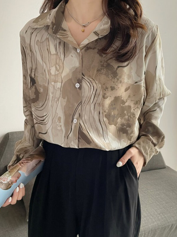 Women Vintage Ink Print Blouse Tops Office Lady Korean Shirts Button 2022 Spring Autumn Long Sleeve Female Blouses Shirts Femme