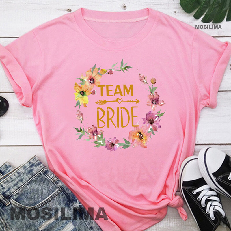 Women's Team Bride Crew Letter Print T-Shirt, dama de honra Moda, Casamento, Bachelorette Party Camisas, Tees, MOS001
