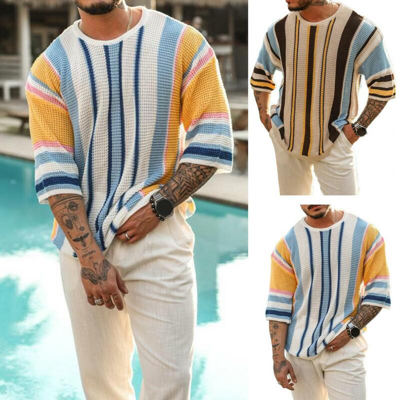 Suéter estampado listrado masculino, gola redonda, mangas meia, pulôver solto, combinando cores, verão, outono, primavera