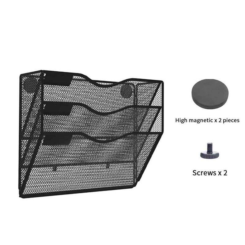 Soporte de archivo magnético de 3 niveles, organizador de revistas sin perforación, armarios, carpeta de correo negra para refrigerador y oficina