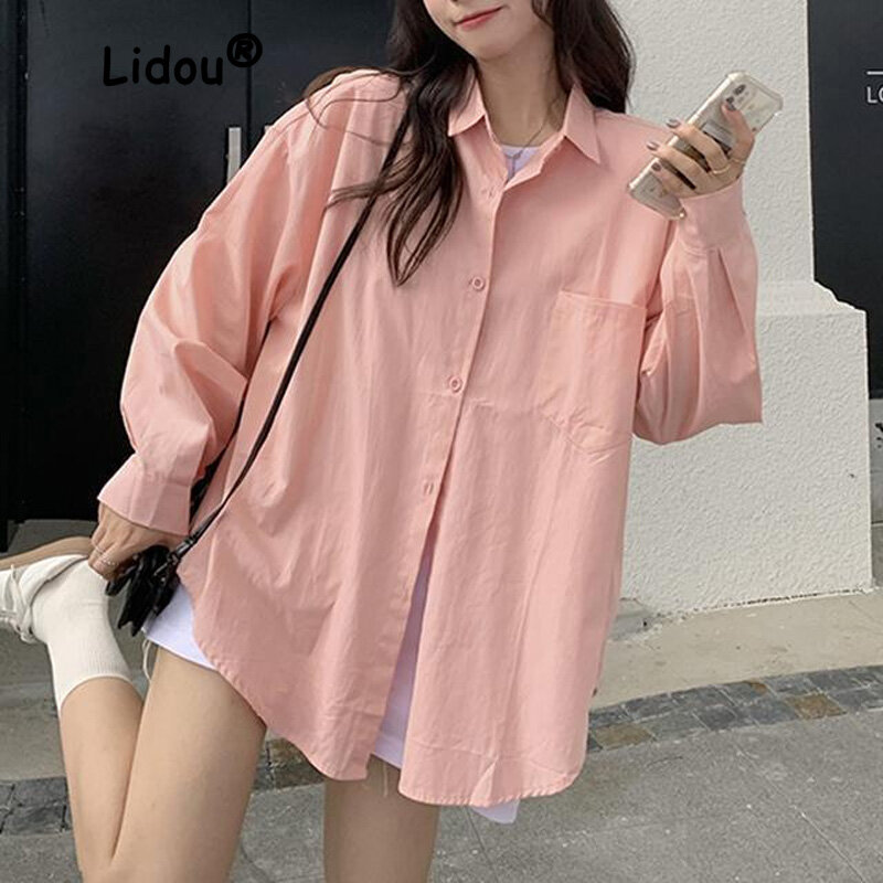2022 New Fashion Solid Color Pocket Single-breasted Blouse Women Long Sleeve Polo Collar Loose Korean All-match Lady Shirt