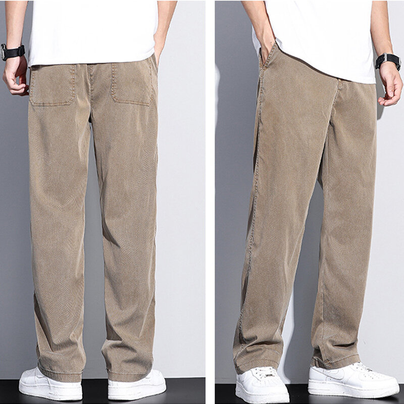 2024 lato cienkie miękkie Lyocell Jeans męskie luźne spodnie z prosta szeroka nogawkami elastyczne spodnie typu Casual w pasie Plus rozmiar M-5XL