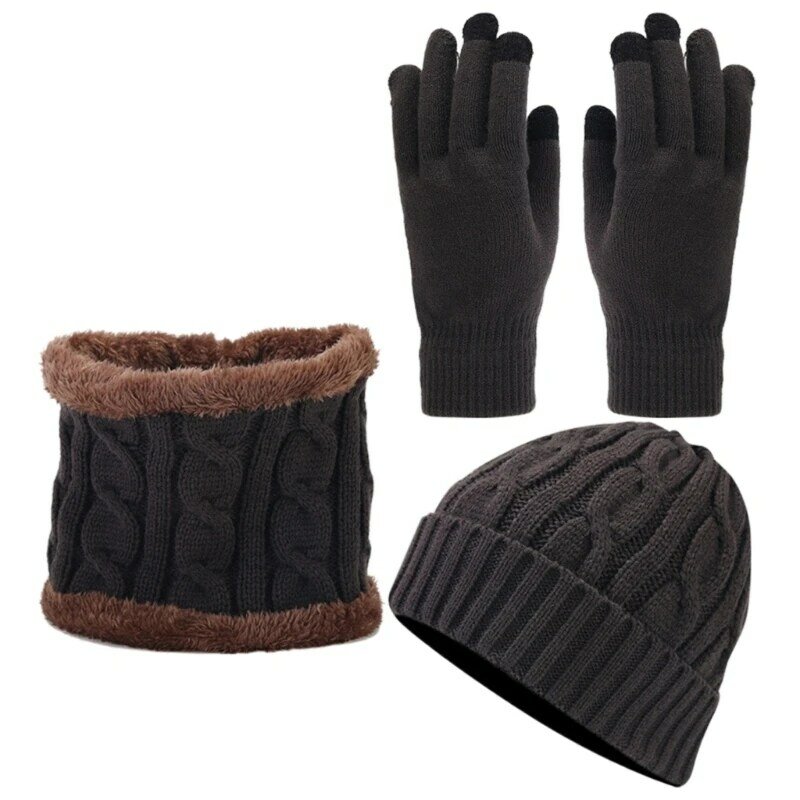 L5YA Zimowa ciepła czapka Ochraniacze na szyję Zestaw rękawiczek dla kobiety Mężczyzna Wiatroszczelna czapka 3 szt. Garnitur