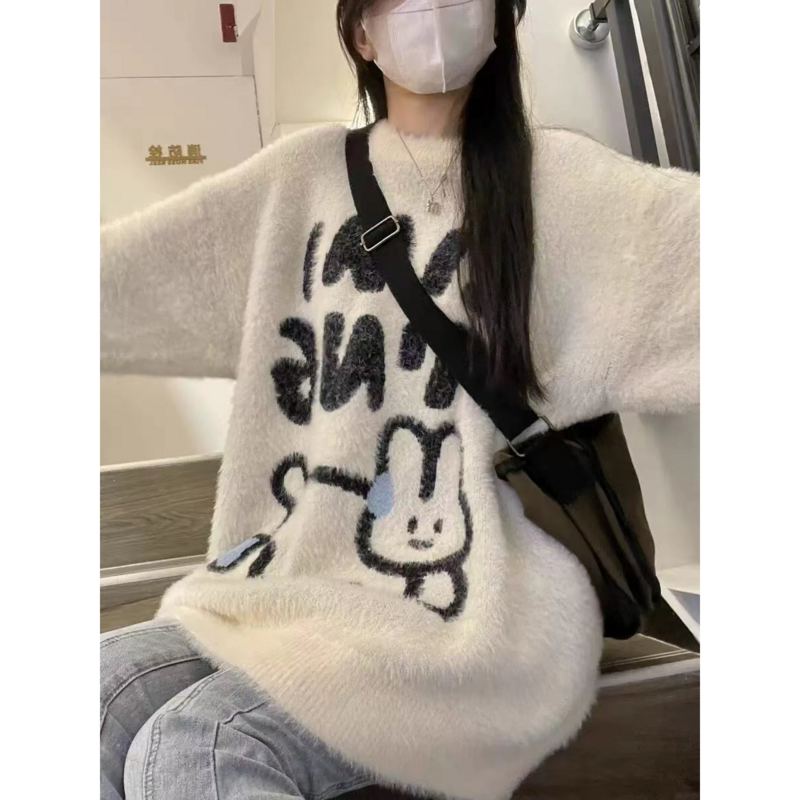 Women's plush rabbit pullover Harajuku cartoon marten wool round neck knitting sweater women's winter soft waxy sweater top
