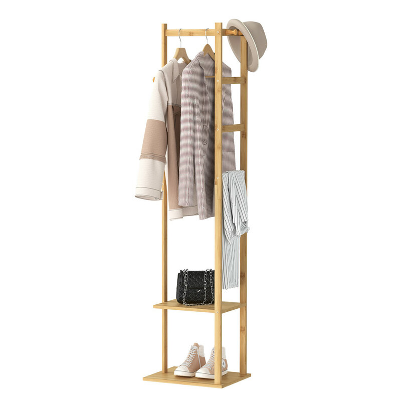 Бамбуковая вешалка для одежды, вешалка для одежды с 2-уровневыми полками для хранения, вешалка для одежды, органайзер для одежды