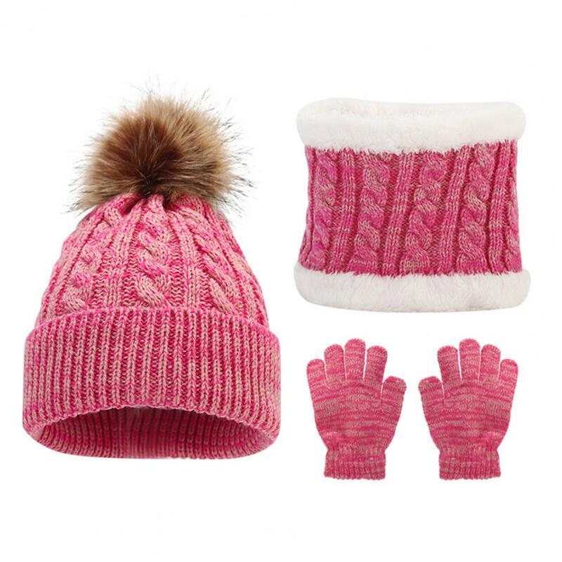 Children Hat Gloves Scarf Set Cozy Stylish Children's Winter Accessories Set Knitted Hat Gloves Scarf with Plush Ball for Full