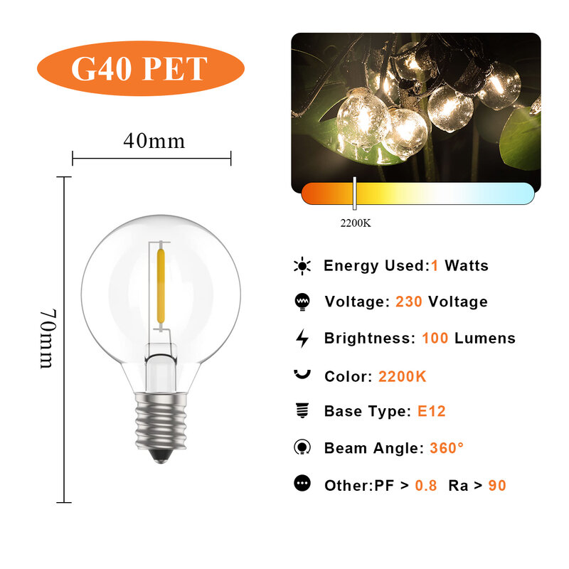 Guirxiété lumineuse LED vintage G40, ampoules Edison l'horloge, 1W, globe incassable en plastique, mini lampe boule, base E12, 2200K