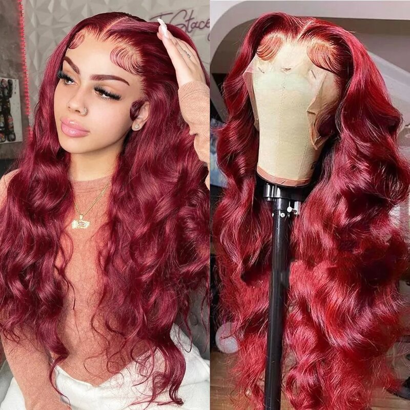 99J Burgundy Body Wave Lace Front Wig 250% 13x6 HD Transparent Lace Frontal Wig 30 32 34 Inch Red Colored Human Hair Wigs