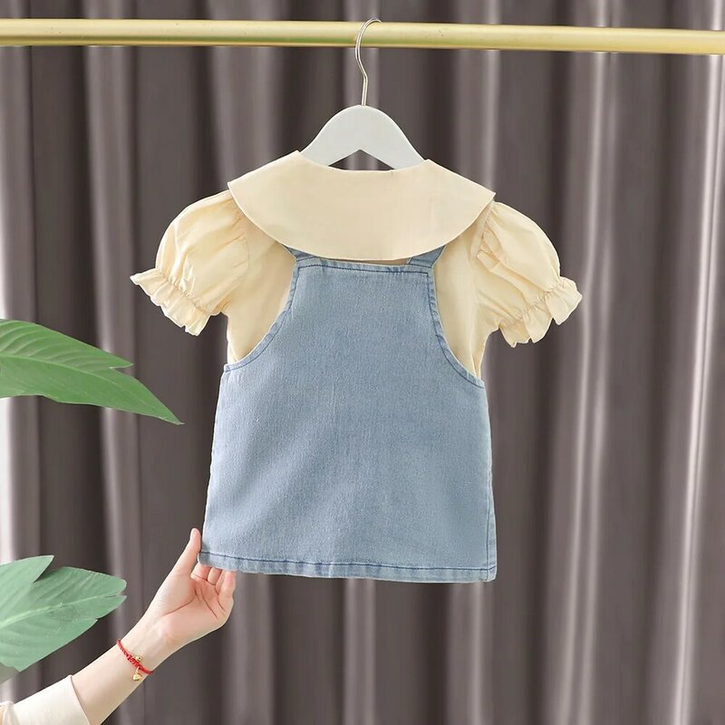 Set pakaian anak perempuan, baju Denim lucu rok jumpsuit 2 potong, setelan terusan gaun untuk bayi putri 5 tahun