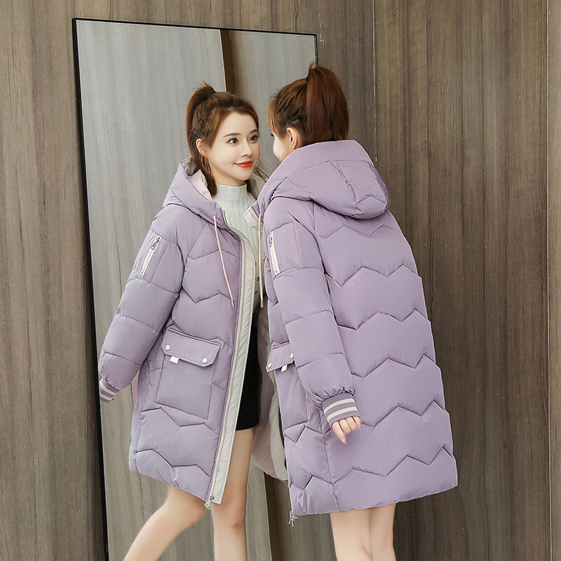 Mantel katun wanita, jaket mantel katun warna kontras longgar dan tebal musim dingin panjang sedang