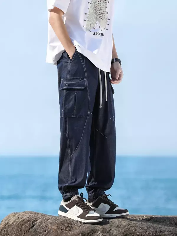 2024 New Spring Summer Men Jeans Joggers Multi-tasche con coulisse in vita Denim Cargo Pants cotone Casual pantaloni Jeans larghi