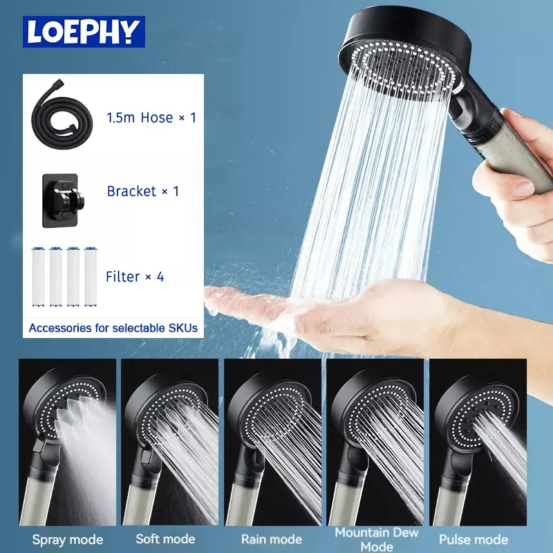 LOEPHY cabezal de ducha con filtro de alta presión, 5 modos de pulverización, accesorios de baño, boquilla de lluvia, cabezal de ducha de masaje