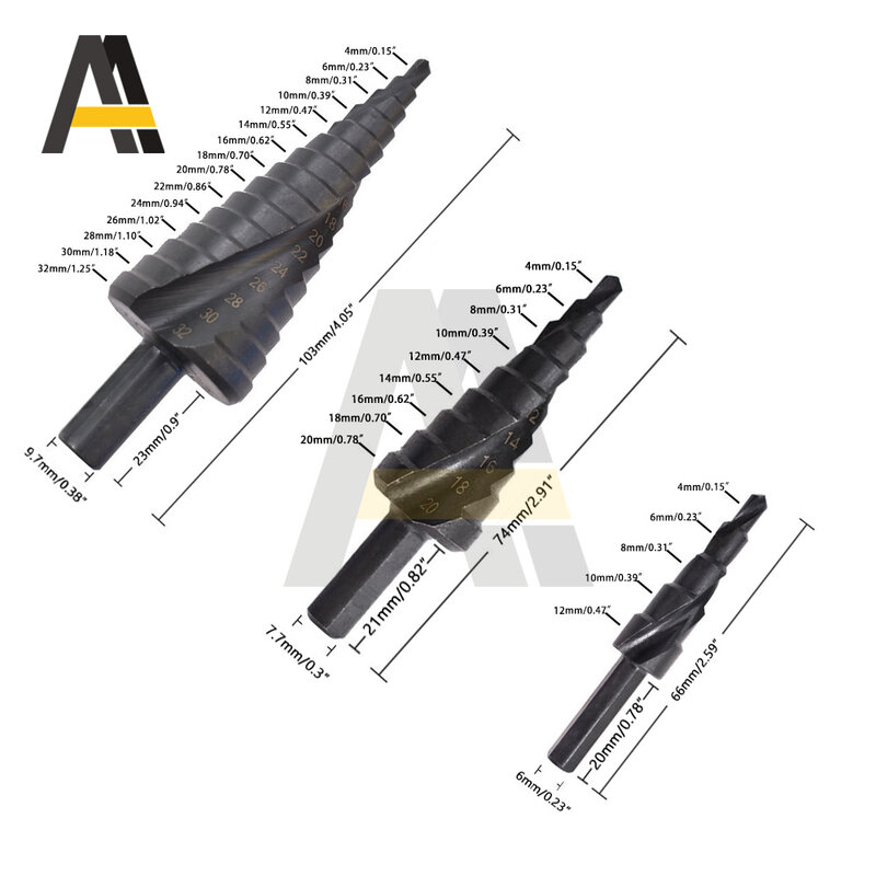 Стальные титановые ступенчатые сверла, Набор 4-12/20/32 мм, резак для металлических отверстий, конусный инструмент для сверления отверстий по дереву, шлицевый шестигранный хвостовик