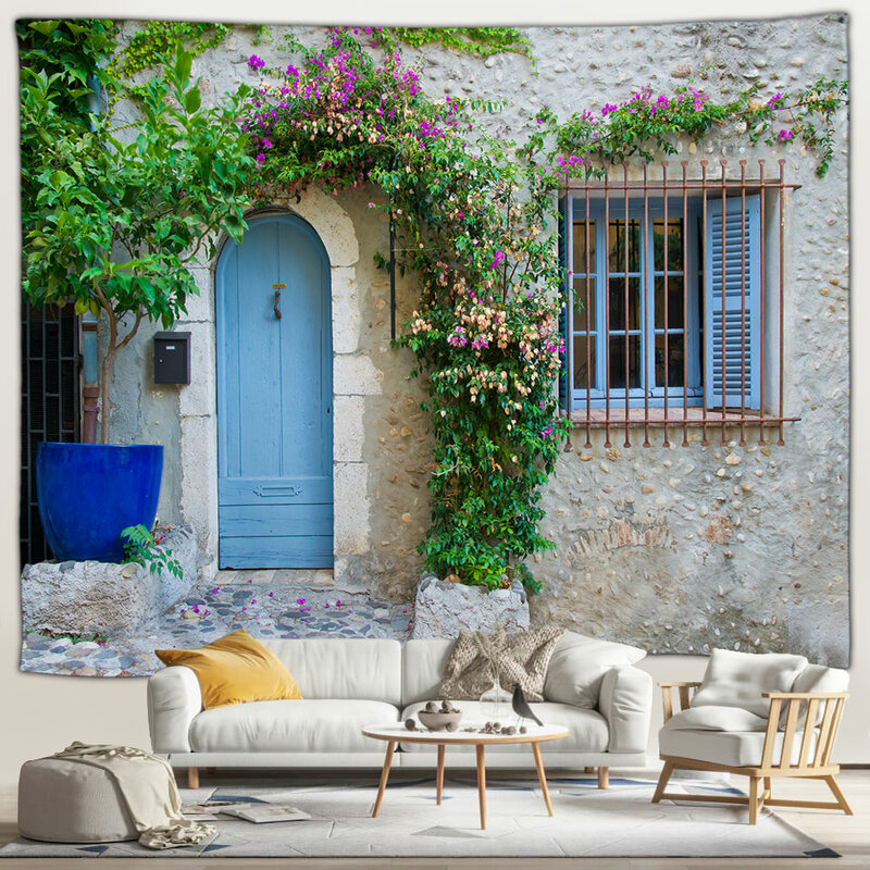 Póster de paisaje de jardín al aire libre, tapiz Vintage mediterráneo, paisaje urbano, tela de poliéster, cortina de baño, decoración de baño con ganchos