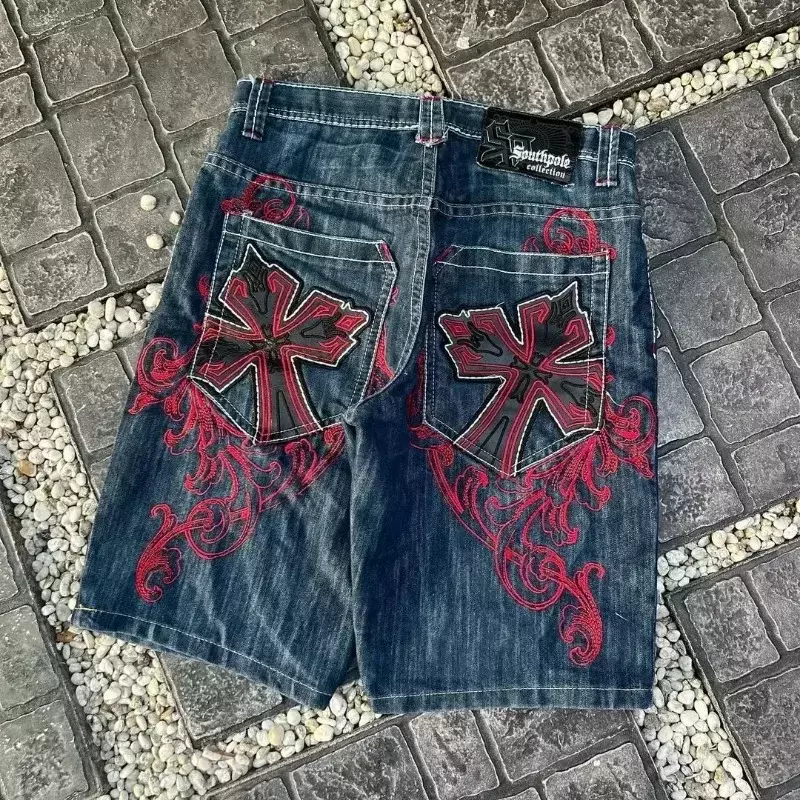Shorts jeans largos com estampar cruzado, streetwear vintage Y2K, gótico, cintura alta, perna larga, Harajuku, casual, moda, novo