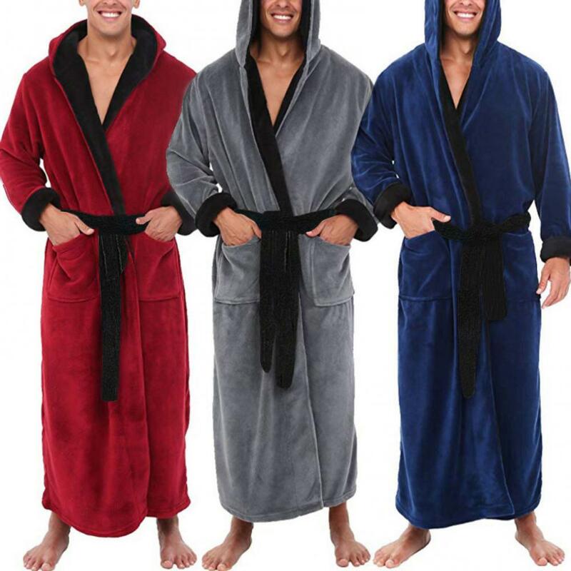 Pakaian Tidur Saku Lembut Pria Bulu Karang Warna Blok Jubah Mandi Panjang Gaun Rumah Pakaian Tidur