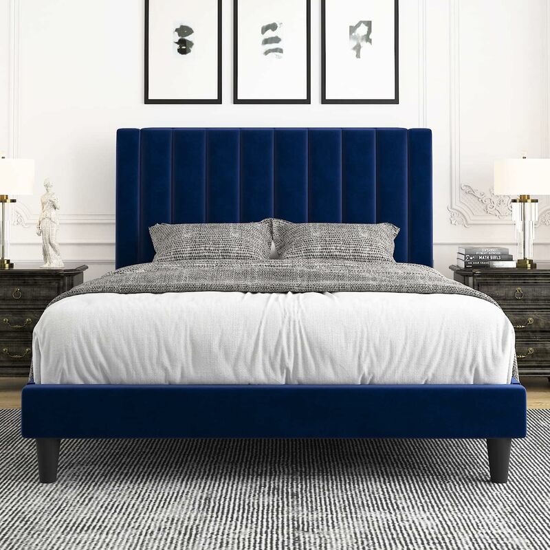 Marco de cama de plataforma Queen, marco de cama tapizado de terciopelo con orificio vertical, caja de cabecera de pila, resorte opcional, azul marino