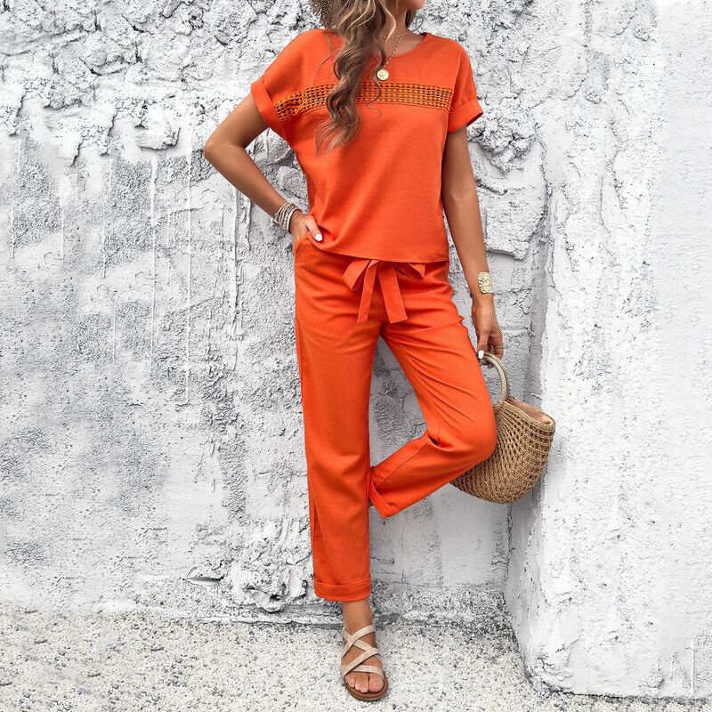 YEAE Casual Temperament Pure Colour Cotton and Linen Ladies Short Sleeve Trousers Suit Summer Hot Fashion T-shirt Suit New 2024