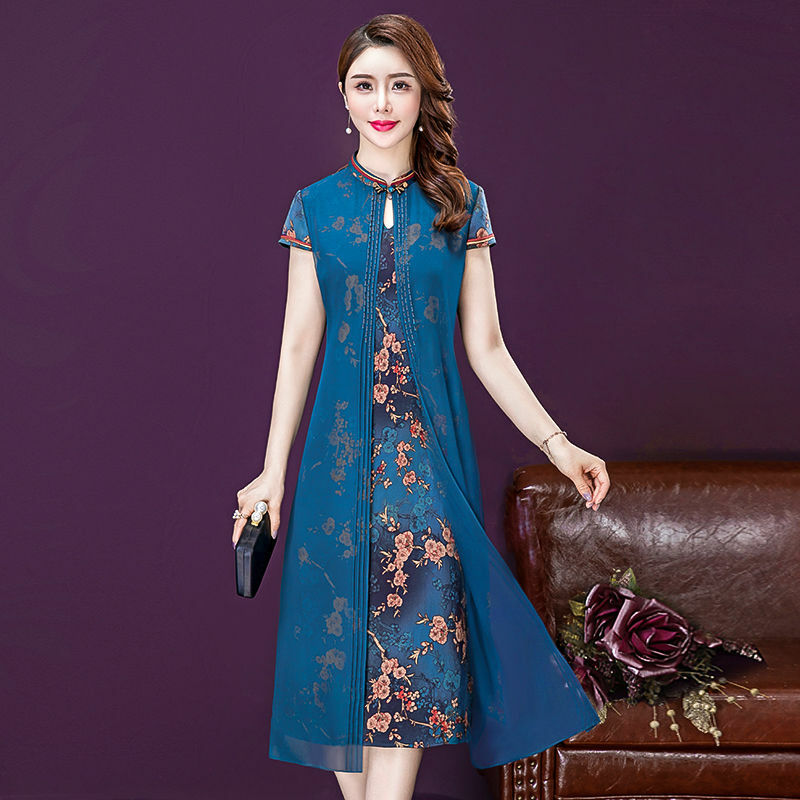 Женское винтажное платье с воротником-стойкой, элегантное платье трапециевидного силуэта в китайском стиле, с цветочным принтом, на лето, 2022
