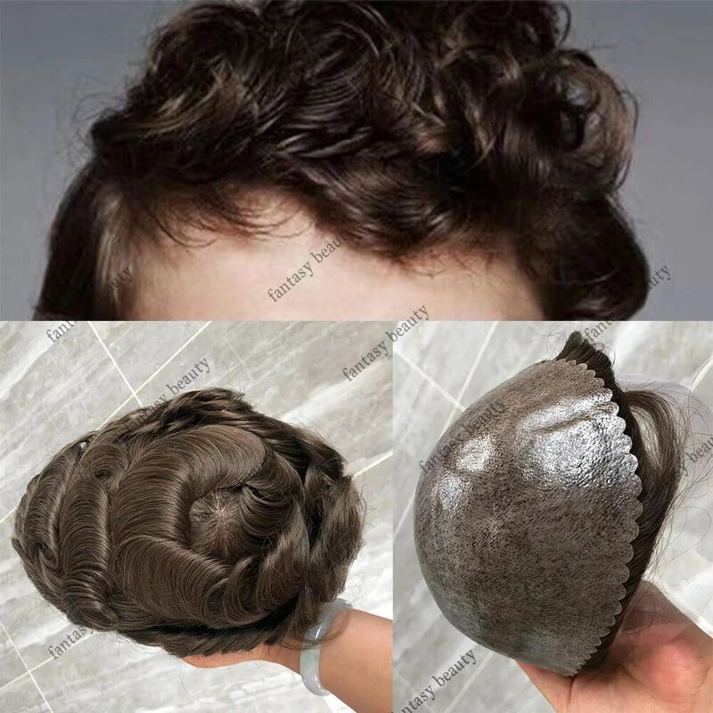 Tupé de piel fina duradera para hombres, pelucas de cabello humano de Pu completo con línea frontal Real, prótesis capilares, marrón, Rubio y negro