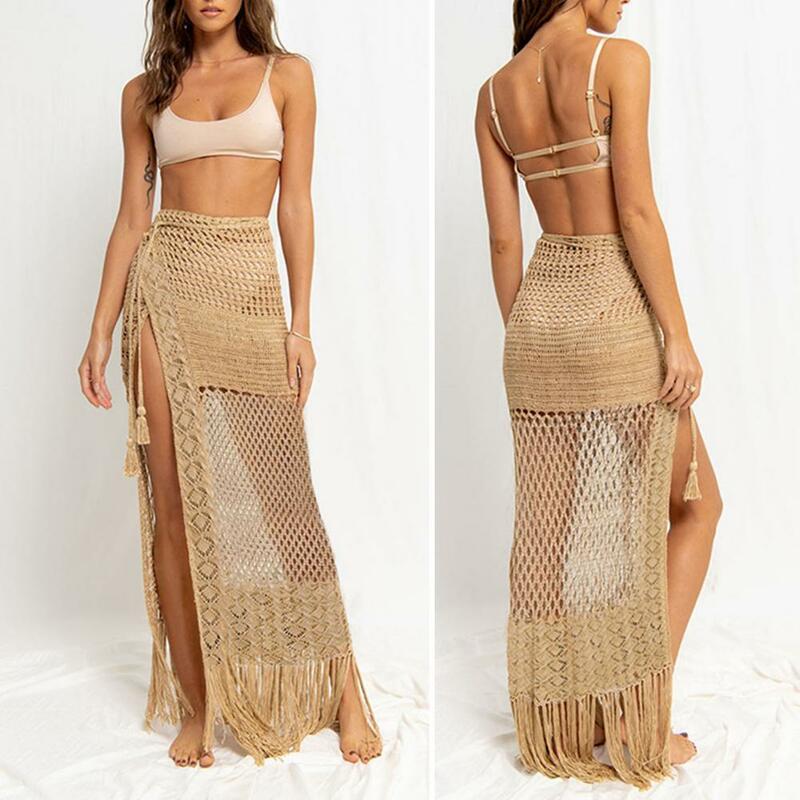 Hollow Out Skirt Bohemian Style Women's Beach Skirt with Tassel Detail High Waist Knitted See-through Cover-up for Bikini Floor