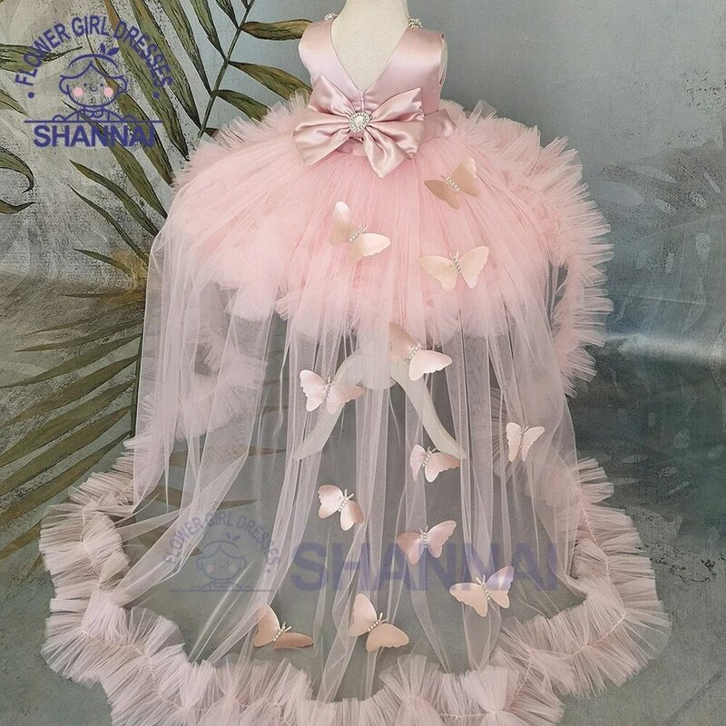 Robe bébé fille rose gonflée avec train, robes de demoiselle d'honneur, nœud mignon, anniversaire d'enfant, première communion d'enfant