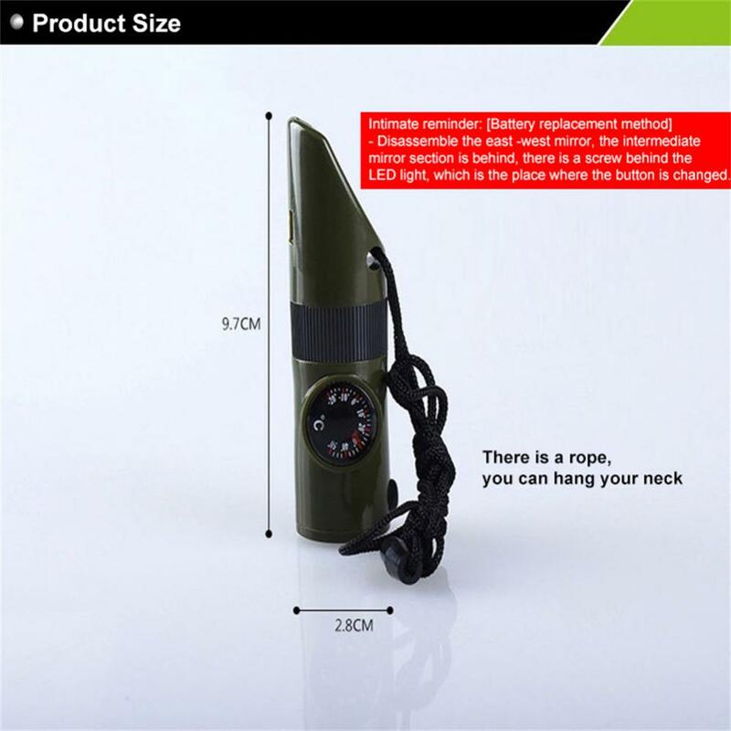 Multifunctional Whistle 7 In 1 Camping Survival Whistle Trekking Thermometer Compass Tools Magnifier Mirror With Led Light