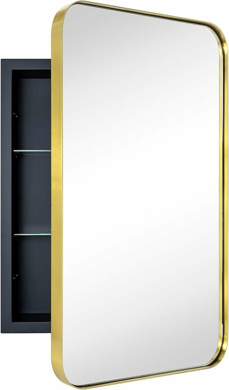 Armario de Medicina de baño empotrado Rectangular de oro cepillado con espejo, marco de Metal de acero inoxidable, redondo