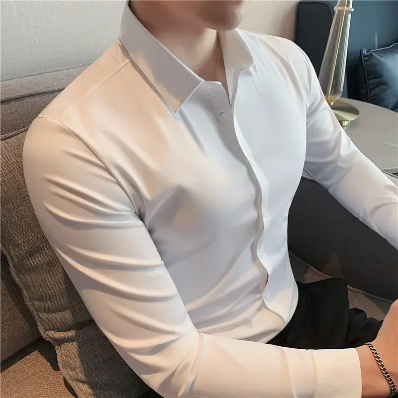 Camisa de seda ultra-estiramento masculina, camisa formal de manga longa, roupa social e casual, alta qualidade, premium