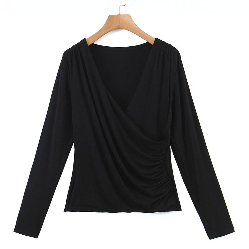 Sexy Cross V-Neck Fold T-Shirt Women Autumn Winter 2023 Plus Size Casual Clothing Good Quality Slim Long Sleeves Unique Tops