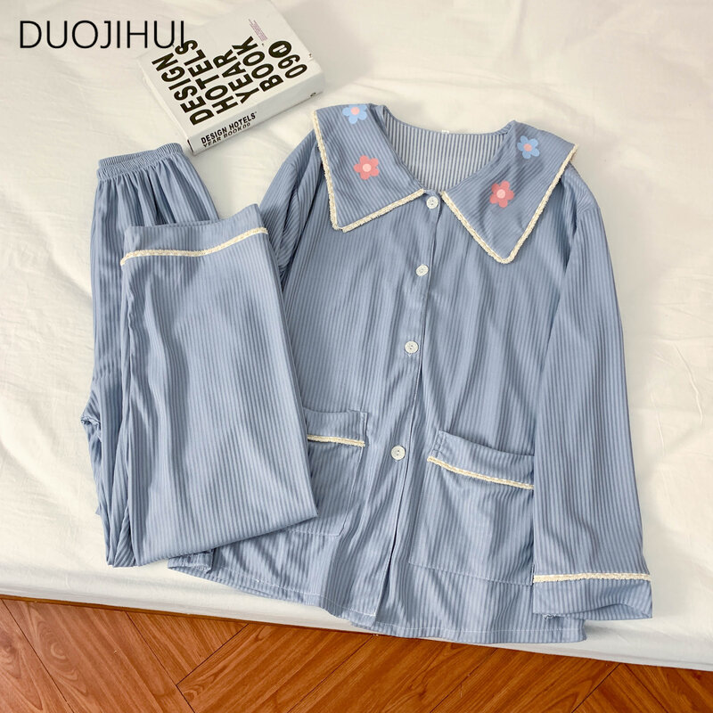 DUOJIHUI 투피스 클래식 스트라이프 루즈 여성 잠옷 세트, 스위트 콘트라스트 컬러 패션 인쇄, 심플 캐주얼 여성 잠옷