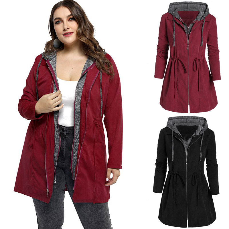 Plus Size New Designed Fashion Women Mid-length Coat Long Sleeve Solid Zipper Hooded Neck Western Style Ladies Outwear Autumn