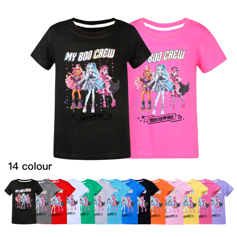 Monster High kaus anak laki-laki, baju musim panas anak perempuan, kaus kartun lucu, pakaian katun lengan pendek anak laki-laki