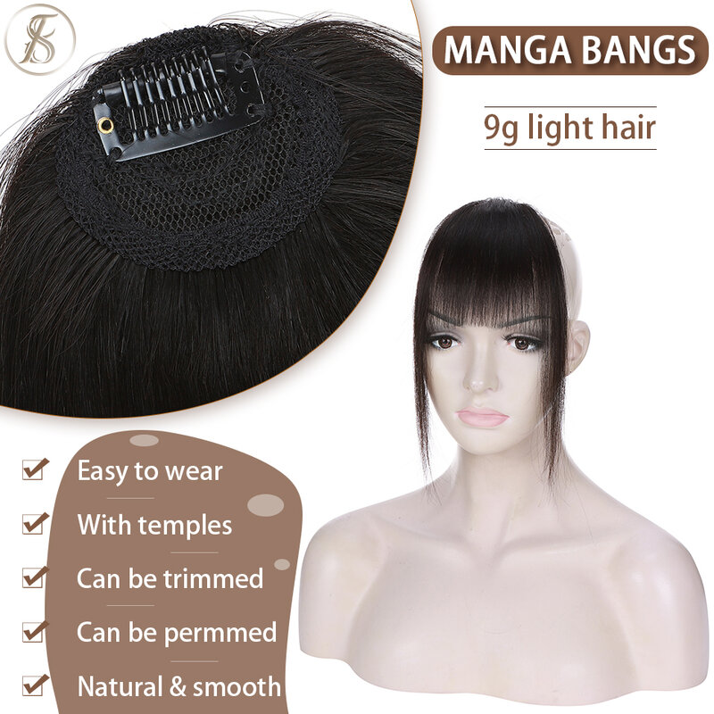 TESS-franja natural franja de cabelo humano para mulheres, peruca invisível, acessórios de clipe, 11 polegadas, 9g, templos