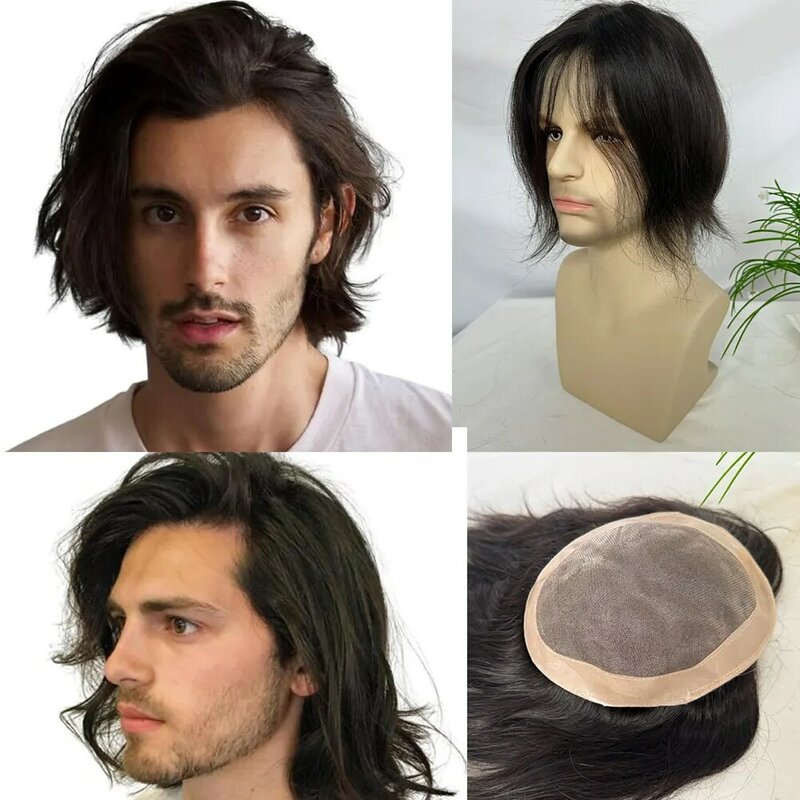 Toupee untuk pria rambut manusia Eropa rambut panjang 9 inci sistem pengganti potongan rambut lembut tipis Super Mono dengan PU 6 "X 8" dasar rambut palsu